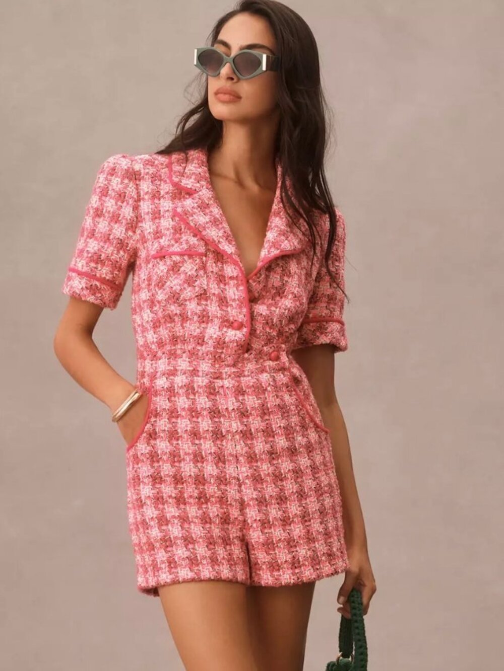🎀 NWT ANNA SUI Collared Tweed Romper Pink Multi Sz 12 MSRP $250 Houndstooth